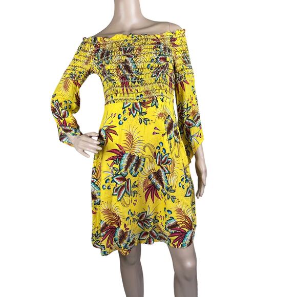 Farm Rio For Anthropologie Bria Yellow Floral Smocked Off The Shoulder Dress S - Picture 1 of 6